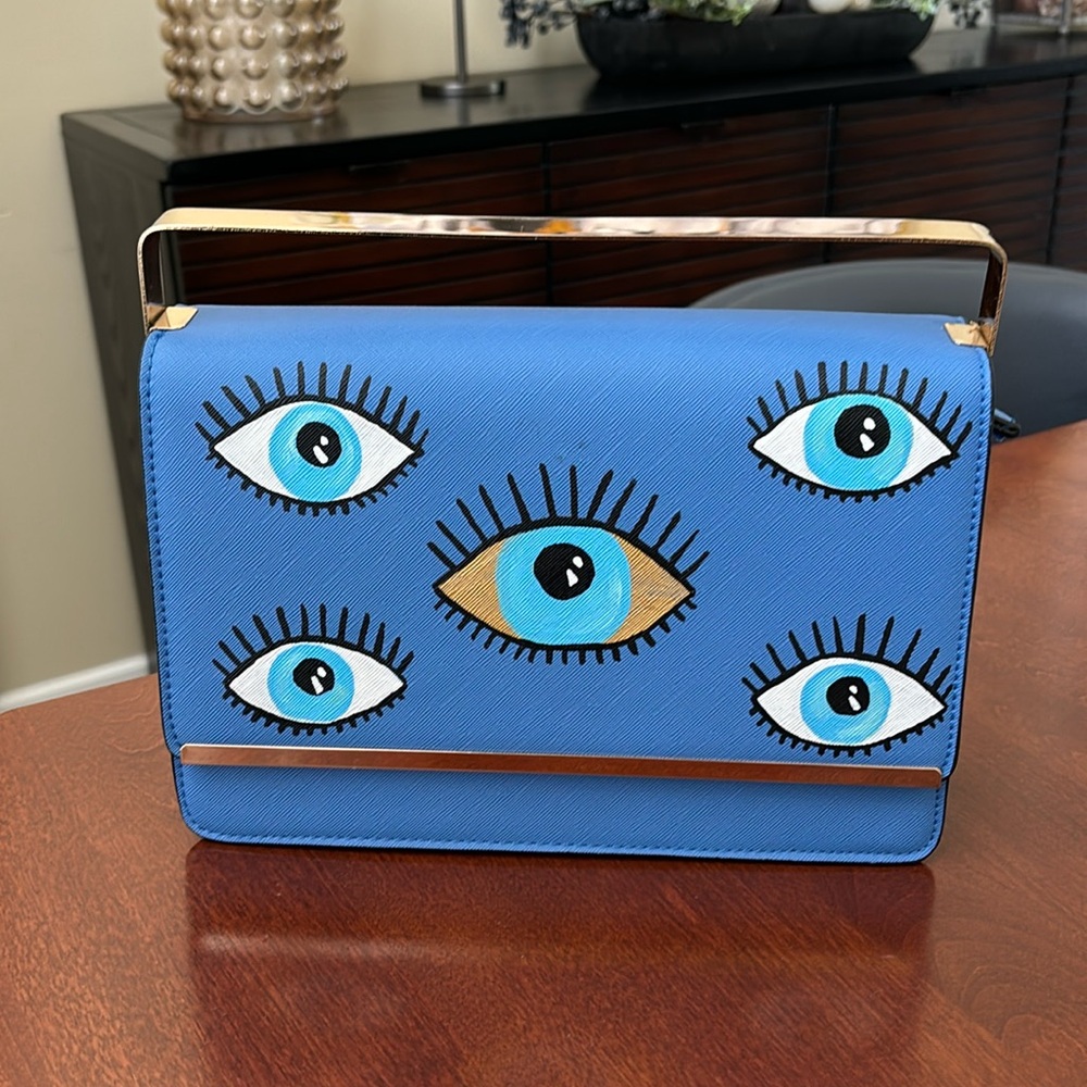 Mediterranean blue bag withh hand painted evil eye